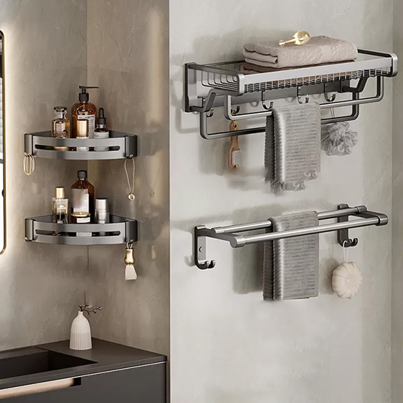 Contemporary Bath Hardware Set in Stainless Aluminum Matte Gray Robe Hooks/Towel Bar Grey Double Bars 4-Piece Set (Towel Bar) Clearhalo 'Bathroom Hardware Sets' 'Bathroom Hardware' 'Bathroom Remodel & Bathroom Fixtures' 'bathroom_hardware_sets' 'Home Improvement' 'home_improvement' 'home_improvement_bathroom_hardware_sets' 6689332