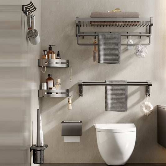 Contemporary Bath Hardware Set in Stainless Aluminum Matte Gray Robe Hooks/Towel Bar Clearhalo 'Bathroom Hardware Sets' 'Bathroom Hardware' 'Bathroom Remodel & Bathroom Fixtures' 'bathroom_hardware_sets' 'Home Improvement' 'home_improvement' 'home_improvement_bathroom_hardware_sets' 6689334