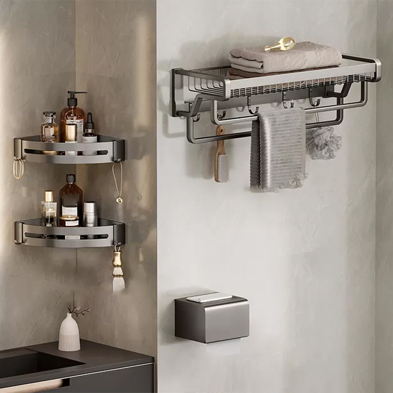 Contemporary Bath Hardware Set in Stainless Aluminum Matte Gray Robe Hooks/Towel Bar Grey Double Bars 4-Piece Set (Toilet Paper Holder) Clearhalo 'Bathroom Hardware Sets' 'Bathroom Hardware' 'Bathroom Remodel & Bathroom Fixtures' 'bathroom_hardware_sets' 'Home Improvement' 'home_improvement' 'home_improvement_bathroom_hardware_sets' 6689335