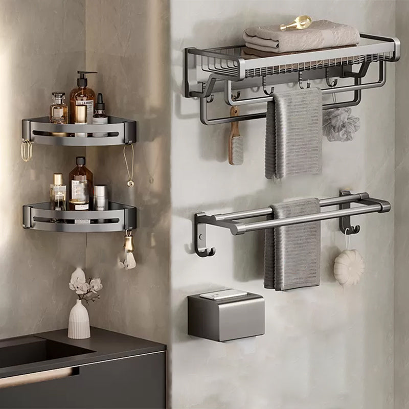 Contemporary Bath Hardware Set in Stainless Aluminum Matte Gray Robe Hooks/Towel Bar Grey Double Bars 5-Piece Set (Towel Bar) Clearhalo 'Bathroom Hardware Sets' 'Bathroom Hardware' 'Bathroom Remodel & Bathroom Fixtures' 'bathroom_hardware_sets' 'Home Improvement' 'home_improvement' 'home_improvement_bathroom_hardware_sets' 6689336