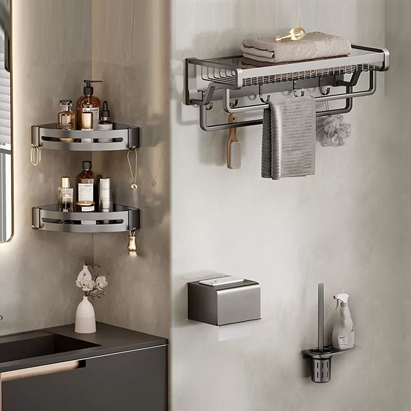 Contemporary Bath Hardware Set in Stainless Aluminum Matte Gray Robe Hooks/Towel Bar Grey Double Bars 5-Piece Set (Toilet Brush) Clearhalo 'Bathroom Hardware Sets' 'Bathroom Hardware' 'Bathroom Remodel & Bathroom Fixtures' 'bathroom_hardware_sets' 'Home Improvement' 'home_improvement' 'home_improvement_bathroom_hardware_sets' 6689337