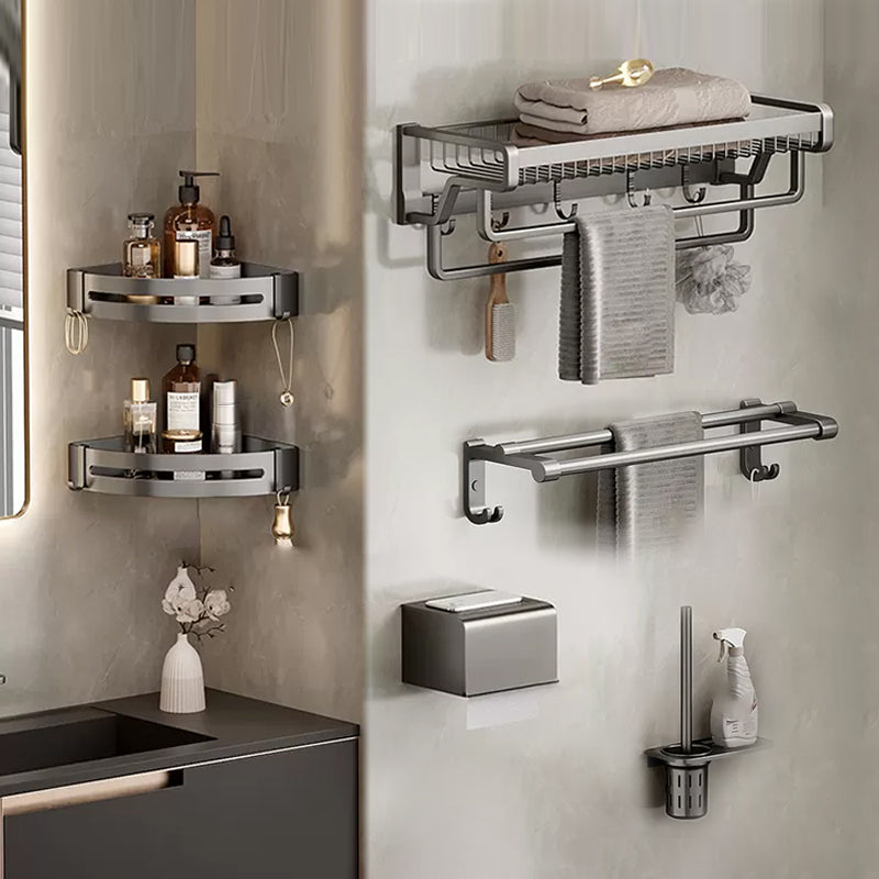Contemporary Bath Hardware Set in Stainless Aluminum Matte Gray Robe Hooks/Towel Bar Grey Double Bars 6-Piece Set Clearhalo 'Bathroom Hardware Sets' 'Bathroom Hardware' 'Bathroom Remodel & Bathroom Fixtures' 'bathroom_hardware_sets' 'Home Improvement' 'home_improvement' 'home_improvement_bathroom_hardware_sets' 6689338
