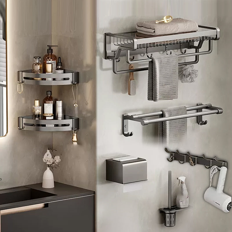 Contemporary Bath Hardware Set in Stainless Aluminum Matte Gray Robe Hooks/Towel Bar Grey Double Bars 7-Piece Set Clearhalo 'Bathroom Hardware Sets' 'Bathroom Hardware' 'Bathroom Remodel & Bathroom Fixtures' 'bathroom_hardware_sets' 'Home Improvement' 'home_improvement' 'home_improvement_bathroom_hardware_sets' 6689339