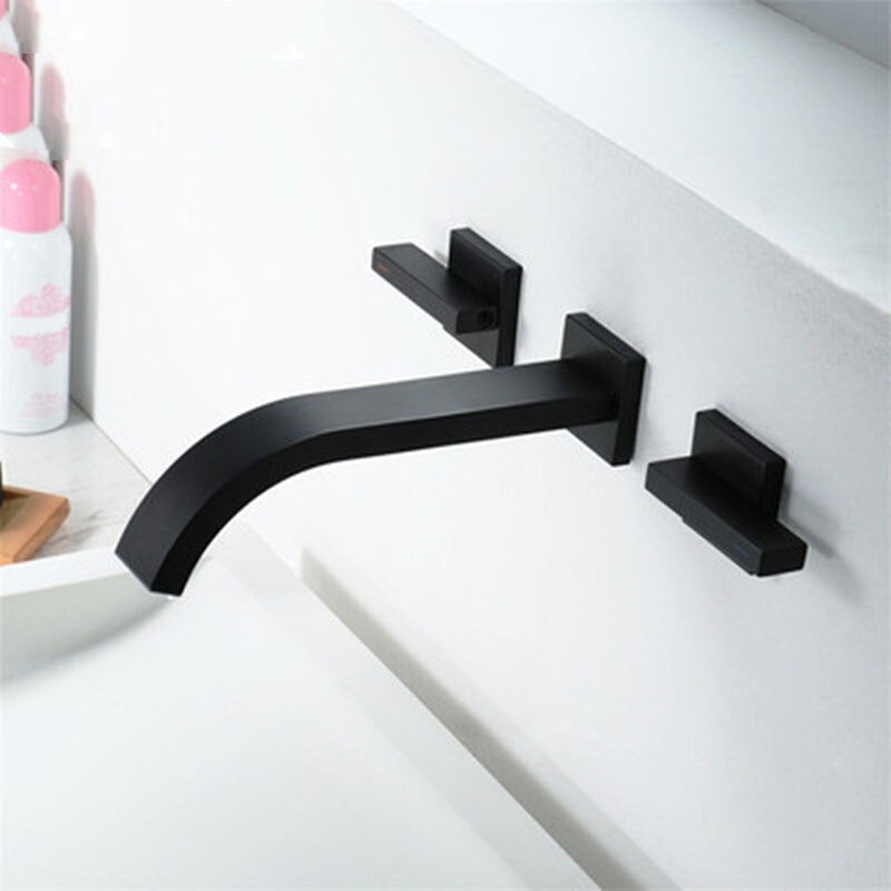 Glam Wall Mounted Bathroom Faucet 2 Handles Low Arc Solid Brass Faucet Clearhalo 'Bathroom Remodel & Bathroom Fixtures' 'Bathroom Sink Faucets' 'Bathroom Sinks & Faucet Components' 'bathroom_sink_faucets' 'Home Improvement' 'home_improvement' 'home_improvement_bathroom_sink_faucets' 6693965