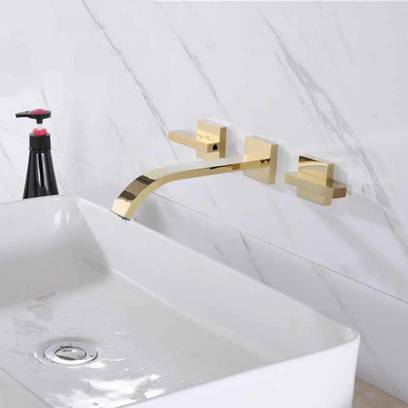 Glam Wall Mounted Bathroom Faucet 2 Handles Low Arc Solid Brass Faucet Gold Clearhalo 'Bathroom Remodel & Bathroom Fixtures' 'Bathroom Sink Faucets' 'Bathroom Sinks & Faucet Components' 'bathroom_sink_faucets' 'Home Improvement' 'home_improvement' 'home_improvement_bathroom_sink_faucets' 6693967