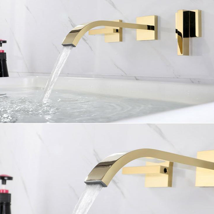 Glam Wall Mounted Bathroom Faucet 2 Handles Low Arc Solid Brass Faucet Clearhalo 'Bathroom Remodel & Bathroom Fixtures' 'Bathroom Sink Faucets' 'Bathroom Sinks & Faucet Components' 'bathroom_sink_faucets' 'Home Improvement' 'home_improvement' 'home_improvement_bathroom_sink_faucets' 6693973