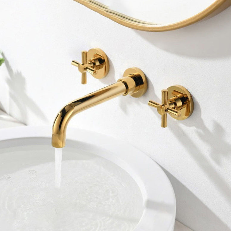 Glam Style Faucets Widespread Wall Mounted Bathroom Sink Faucet Gold Clearhalo 'Bathroom Remodel & Bathroom Fixtures' 'Bathroom Sink Faucets' 'Bathroom Sinks & Faucet Components' 'bathroom_sink_faucets' 'Home Improvement' 'home_improvement' 'home_improvement_bathroom_sink_faucets' 6693979