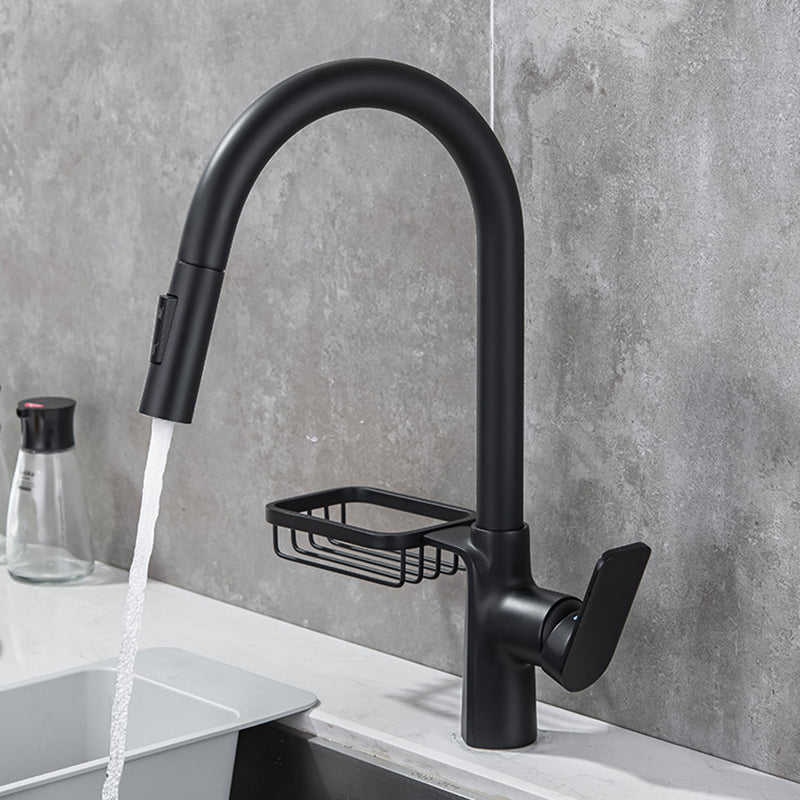 Pull Down Water Filler Single Handle Kitchen Faucet with Soap Basket Black Clearhalo 'Home Improvement' 'home_improvement' 'home_improvement_kitchen_faucets' 'Kitchen Faucets' 'Kitchen Remodel & Kitchen Fixtures' 'Kitchen Sinks & Faucet Components' 'kitchen_faucets' 6694130