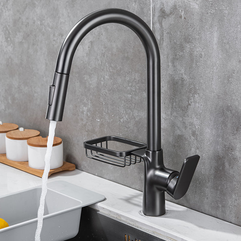 Pull Down Water Filler Single Handle Kitchen Faucet with Soap Basket Grey Clearhalo 'Home Improvement' 'home_improvement' 'home_improvement_kitchen_faucets' 'Kitchen Faucets' 'Kitchen Remodel & Kitchen Fixtures' 'Kitchen Sinks & Faucet Components' 'kitchen_faucets' 6694131