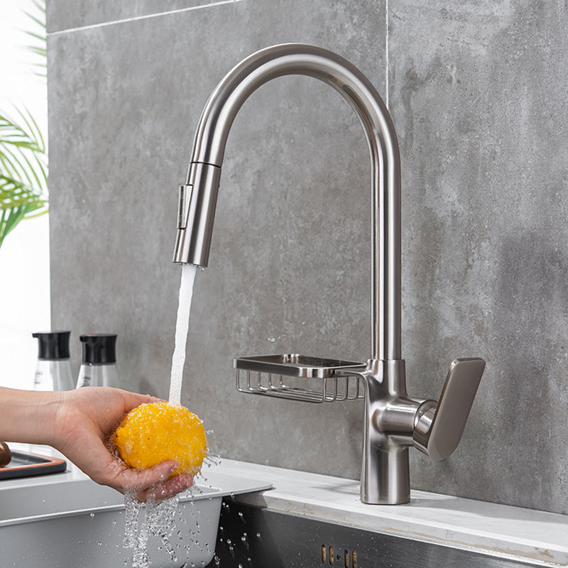 Pull Down Water Filler Single Handle Kitchen Faucet with Soap Basket Nickel Clearhalo 'Home Improvement' 'home_improvement' 'home_improvement_kitchen_faucets' 'Kitchen Faucets' 'Kitchen Remodel & Kitchen Fixtures' 'Kitchen Sinks & Faucet Components' 'kitchen_faucets' 6694133