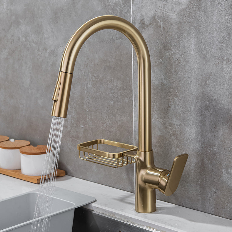 Pull Down Water Filler Single Handle Kitchen Faucet with Soap Basket Gold Clearhalo 'Home Improvement' 'home_improvement' 'home_improvement_kitchen_faucets' 'Kitchen Faucets' 'Kitchen Remodel & Kitchen Fixtures' 'Kitchen Sinks & Faucet Components' 'kitchen_faucets' 6694135