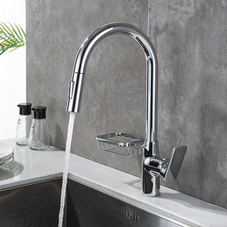 Pull Down Water Filler Single Handle Kitchen Faucet with Soap Basket Silver Clearhalo 'Home Improvement' 'home_improvement' 'home_improvement_kitchen_faucets' 'Kitchen Faucets' 'Kitchen Remodel & Kitchen Fixtures' 'Kitchen Sinks & Faucet Components' 'kitchen_faucets' 6694137