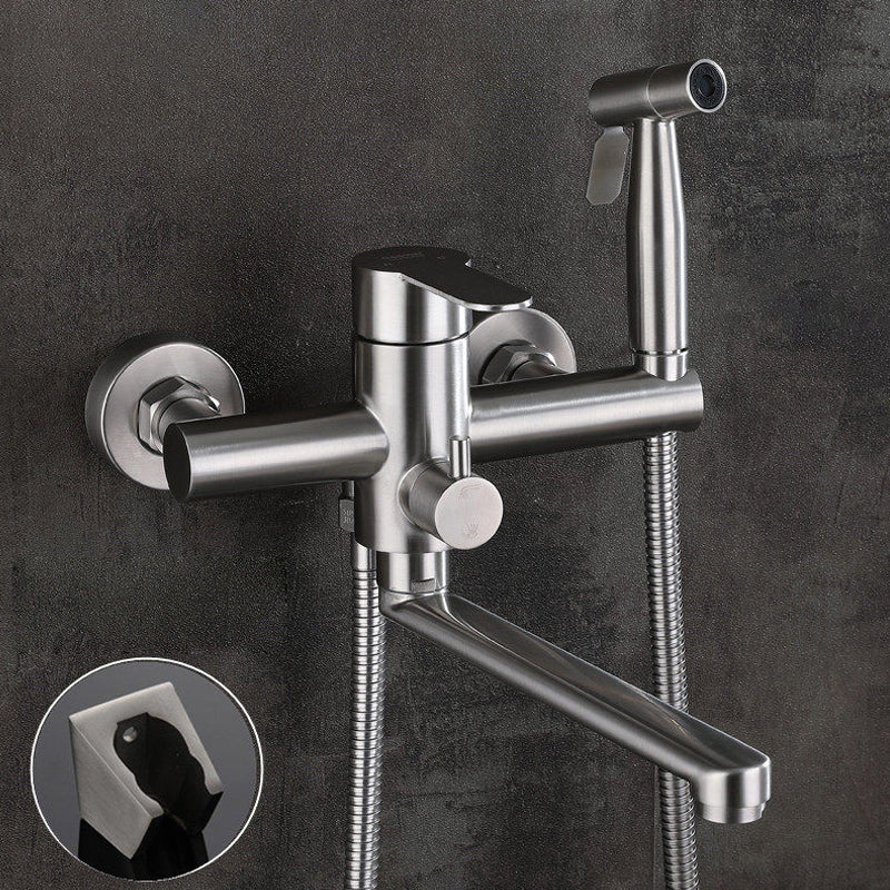 Wall Mounted Metal Tub Filler Low Arc Swivel Bathroom Faucet Round Hand Shower Not Included Spray Gun Included Clearhalo 'Bathroom Remodel & Bathroom Fixtures' 'Bathtub Faucets' 'bathtub_faucets' 'Home Improvement' 'home_improvement' 'home_improvement_bathtub_faucets' 6694313