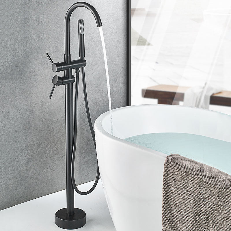 Floor Mounted Metal Freestanding Tub Filler Double Handles Freestanding Bathtub Faucet Black Hand Shower Included Ground Clearhalo 'Bathroom Remodel & Bathroom Fixtures' 'Bathtub Faucets' 'bathtub_faucets' 'Home Improvement' 'home_improvement' 'home_improvement_bathtub_faucets' 6694354