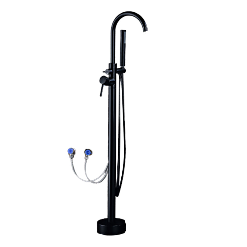 Floor Mounted Metal Freestanding Tub Filler Double Handles Freestanding Bathtub Faucet Black Hand Shower Included Wall Clearhalo 'Bathroom Remodel & Bathroom Fixtures' 'Bathtub Faucets' 'bathtub_faucets' 'Home Improvement' 'home_improvement' 'home_improvement_bathtub_faucets' 6694355