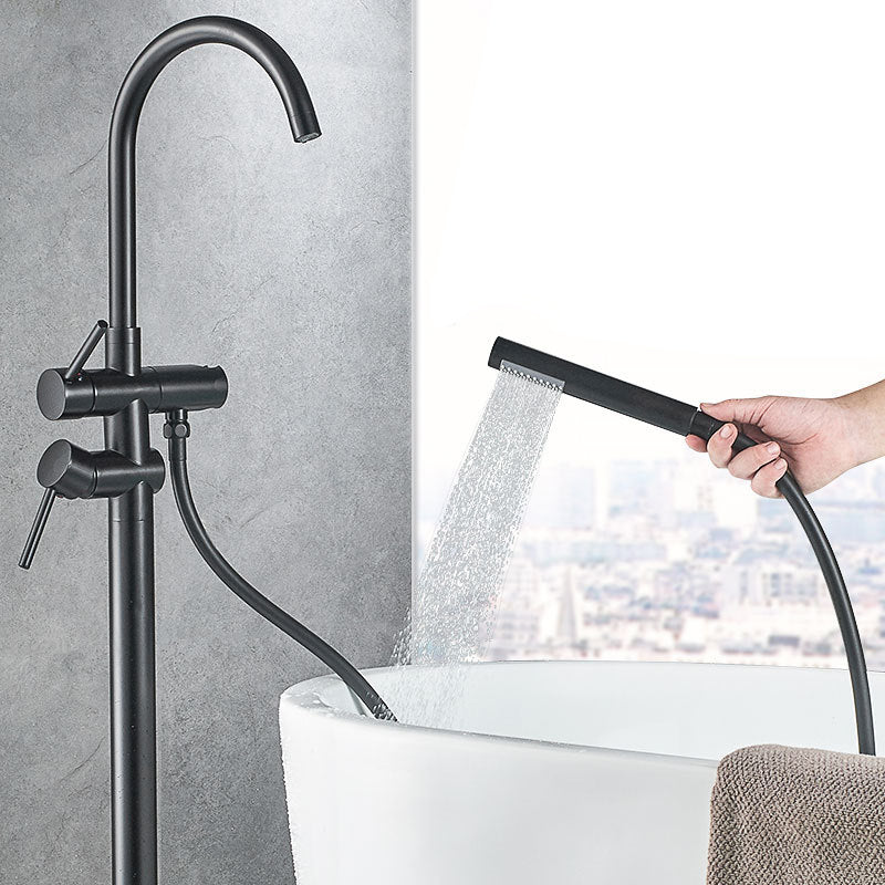 Floor Mounted Metal Freestanding Tub Filler Double Handles Freestanding Bathtub Faucet Clearhalo 'Bathroom Remodel & Bathroom Fixtures' 'Bathtub Faucets' 'bathtub_faucets' 'Home Improvement' 'home_improvement' 'home_improvement_bathtub_faucets' 6694356