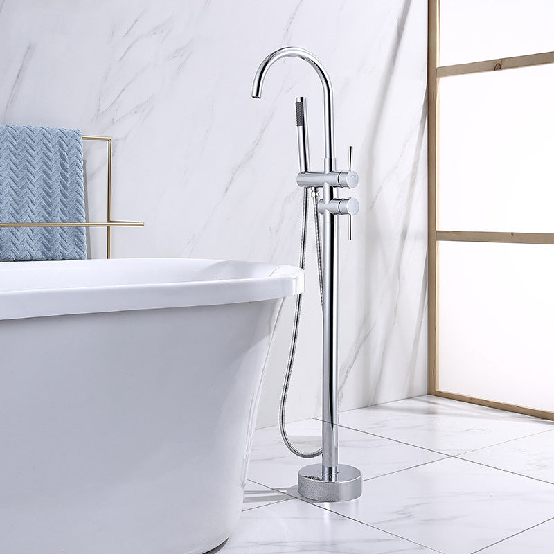 Floor Mounted Metal Freestanding Tub Filler Double Handles Freestanding Bathtub Faucet Chrome Hand Shower Included Ground Clearhalo 'Bathroom Remodel & Bathroom Fixtures' 'Bathtub Faucets' 'bathtub_faucets' 'Home Improvement' 'home_improvement' 'home_improvement_bathtub_faucets' 6694357