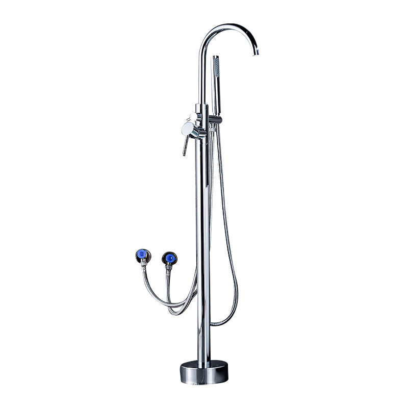 Floor Mounted Metal Freestanding Tub Filler Double Handles Freestanding Bathtub Faucet Chrome Hand Shower Included Wall Clearhalo 'Bathroom Remodel & Bathroom Fixtures' 'Bathtub Faucets' 'bathtub_faucets' 'Home Improvement' 'home_improvement' 'home_improvement_bathtub_faucets' 6694363