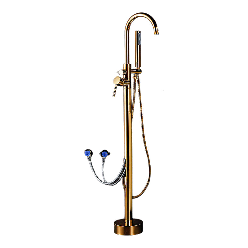 Floor Mounted Metal Freestanding Tub Filler Double Handles Freestanding Bathtub Faucet Gold Hand Shower Included Wall Clearhalo 'Bathroom Remodel & Bathroom Fixtures' 'Bathtub Faucets' 'bathtub_faucets' 'Home Improvement' 'home_improvement' 'home_improvement_bathtub_faucets' 6694370