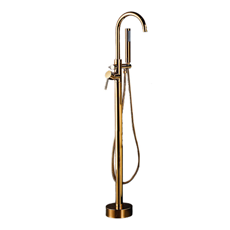 Floor Mounted Metal Freestanding Tub Filler Double Handles Freestanding Bathtub Faucet Gold Hand Shower Included Ground Clearhalo 'Bathroom Remodel & Bathroom Fixtures' 'Bathtub Faucets' 'bathtub_faucets' 'Home Improvement' 'home_improvement' 'home_improvement_bathtub_faucets' 6694371