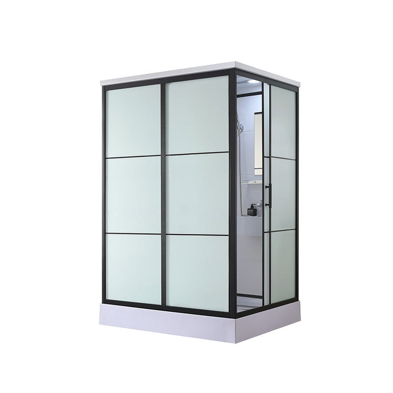 Black Framed Shower Stall with White Base Tempered Glass Shower Stall 43.3"L x 55.1"W x 84.6"H Toilet Not Included Rectangle Clearhalo 'Bathroom Remodel & Bathroom Fixtures' 'Home Improvement' 'home_improvement' 'home_improvement_shower_stalls_enclosures' 'Shower Stalls & Enclosures' 'shower_stalls_enclosures' 'Showers & Bathtubs' 6694425