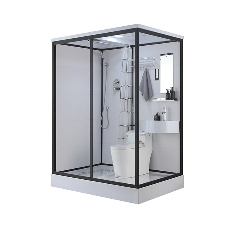Black Framed Shower Stall with White Base Tempered Glass Shower Stall 47"L x 75"W x 85"H Top Spray Included Rectangle Clearhalo 'Bathroom Remodel & Bathroom Fixtures' 'Home Improvement' 'home_improvement' 'home_improvement_shower_stalls_enclosures' 'Shower Stalls & Enclosures' 'shower_stalls_enclosures' 'Showers & Bathtubs' 6694428