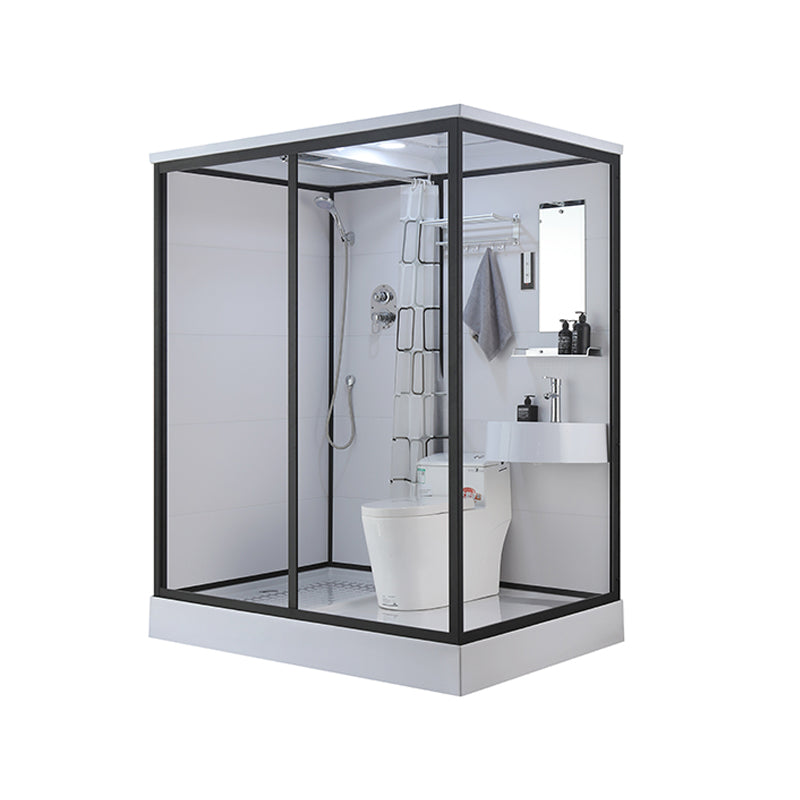 Black Framed Shower Stall with White Base Tempered Glass Shower Stall 47"L x 67"W x 85"H Top Spray Included Rectangle Clearhalo 'Bathroom Remodel & Bathroom Fixtures' 'Home Improvement' 'home_improvement' 'home_improvement_shower_stalls_enclosures' 'Shower Stalls & Enclosures' 'shower_stalls_enclosures' 'Showers & Bathtubs' 6694434