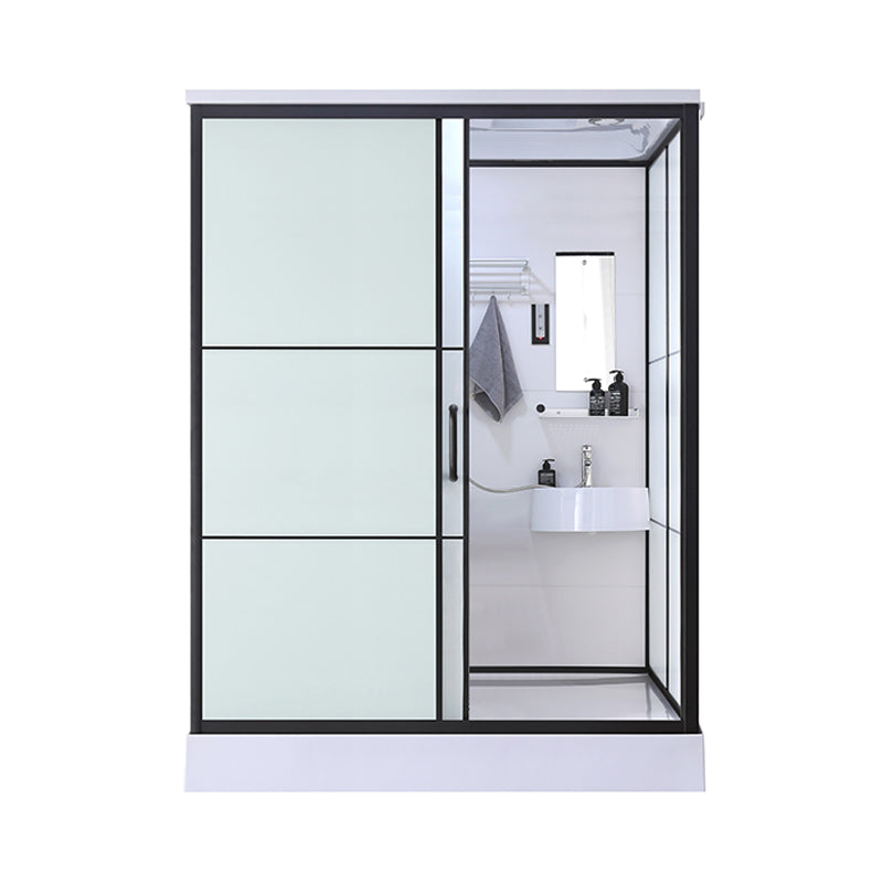 Black Framed Shower Stall with White Base Tempered Glass Shower Stall 47"L x 75"W x 85"H Toilet Not Included Rectangle Clearhalo 'Bathroom Remodel & Bathroom Fixtures' 'Home Improvement' 'home_improvement' 'home_improvement_shower_stalls_enclosures' 'Shower Stalls & Enclosures' 'shower_stalls_enclosures' 'Showers & Bathtubs' 6694437