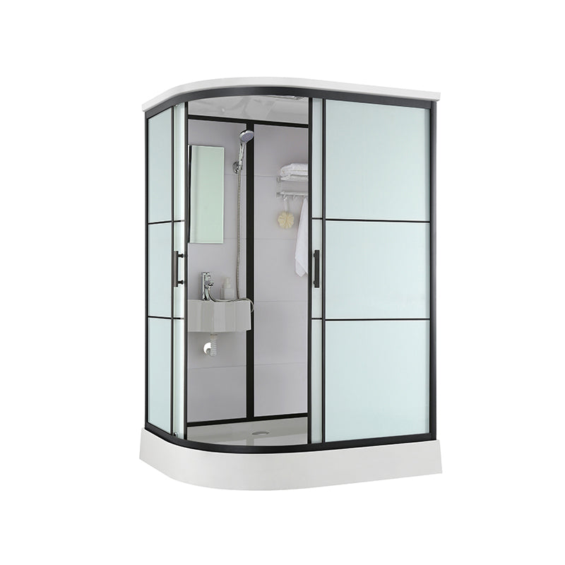 Black Framed Shower Stall with White Base Tempered Glass Shower Stall 43.3"L x 55.1"W x 84.6"H Toilet Not Included Round Clearhalo 'Bathroom Remodel & Bathroom Fixtures' 'Home Improvement' 'home_improvement' 'home_improvement_shower_stalls_enclosures' 'Shower Stalls & Enclosures' 'shower_stalls_enclosures' 'Showers & Bathtubs' 6694440