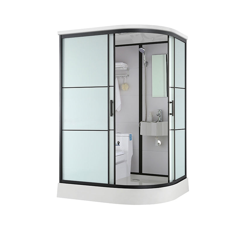 Black Framed Shower Stall with White Base Tempered Glass Shower Stall 43.3"L x 55.1"W x 84.6"H Toilet Included Round Clearhalo 'Bathroom Remodel & Bathroom Fixtures' 'Home Improvement' 'home_improvement' 'home_improvement_shower_stalls_enclosures' 'Shower Stalls & Enclosures' 'shower_stalls_enclosures' 'Showers & Bathtubs' 6694443