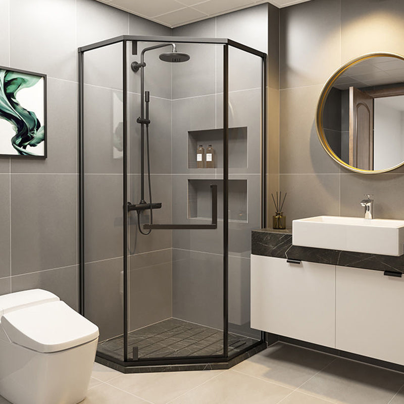 Contemporary Black Shower Enclosure Neo-Angle Semi-Frameless Clear Shower Enclosure Clearhalo 'Bathroom Remodel & Bathroom Fixtures' 'Home Improvement' 'home_improvement' 'home_improvement_shower_stalls_enclosures' 'Shower Stalls & Enclosures' 'shower_stalls_enclosures' 'Showers & Bathtubs' 6694457
