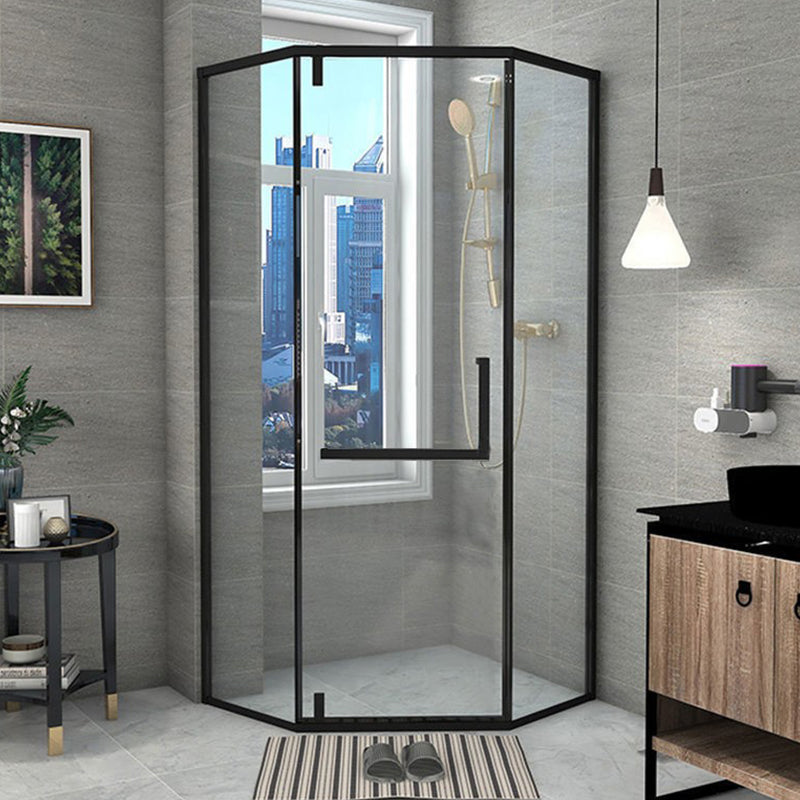 Contemporary Black Shower Enclosure Neo-Angle Semi-Frameless Clear Shower Enclosure Clearhalo 'Bathroom Remodel & Bathroom Fixtures' 'Home Improvement' 'home_improvement' 'home_improvement_shower_stalls_enclosures' 'Shower Stalls & Enclosures' 'shower_stalls_enclosures' 'Showers & Bathtubs' 6694458
