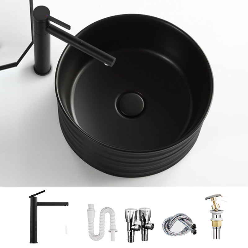 Modern Vessel Bathroom Sink Circular Porcelain with Pop-Up Drain Vessel Sink Black Round Faucet Sink with Faucet Clearhalo 'Bathroom Remodel & Bathroom Fixtures' 'Bathroom Sinks & Faucet Components' 'Bathroom Sinks' 'bathroom_sink' 'Home Improvement' 'home_improvement' 'home_improvement_bathroom_sink' 6694809