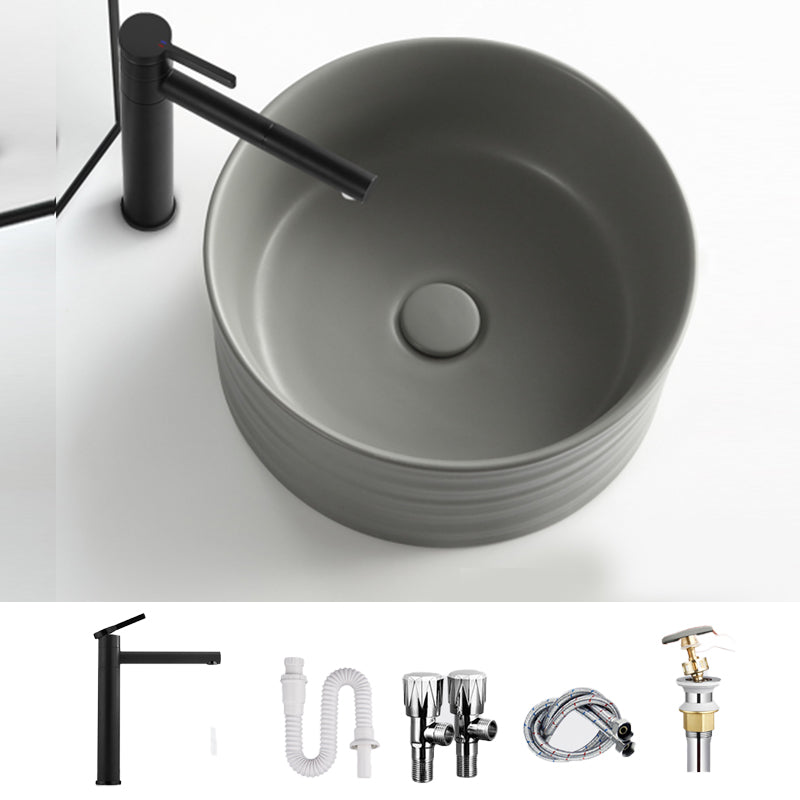 Modern Vessel Bathroom Sink Circular Porcelain with Pop-Up Drain Vessel Sink Grey Round Faucet Sink with Faucet Clearhalo 'Bathroom Remodel & Bathroom Fixtures' 'Bathroom Sinks & Faucet Components' 'Bathroom Sinks' 'bathroom_sink' 'Home Improvement' 'home_improvement' 'home_improvement_bathroom_sink' 6694812