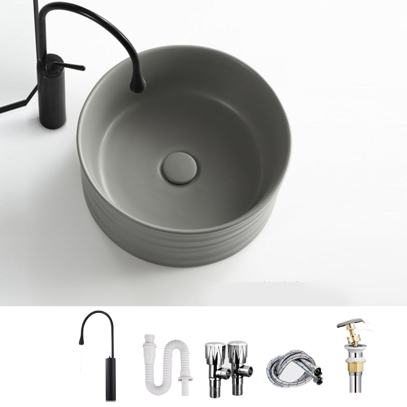 Modern Vessel Bathroom Sink Circular Porcelain with Pop-Up Drain Vessel Sink Grey Gooseneck Faucet Sink with Faucet Clearhalo 'Bathroom Remodel & Bathroom Fixtures' 'Bathroom Sinks & Faucet Components' 'Bathroom Sinks' 'bathroom_sink' 'Home Improvement' 'home_improvement' 'home_improvement_bathroom_sink' 6694827