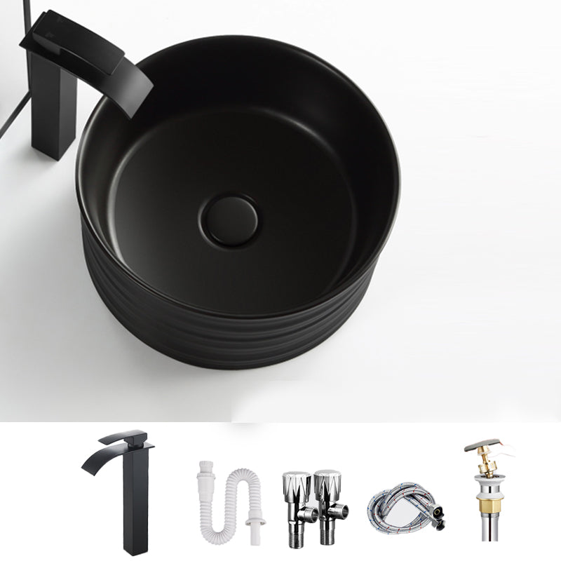 Modern Vessel Bathroom Sink Circular Porcelain with Pop-Up Drain Vessel Sink Black Stainless Steel Elbow Faucet Sink with Faucet Clearhalo 'Bathroom Remodel & Bathroom Fixtures' 'Bathroom Sinks & Faucet Components' 'Bathroom Sinks' 'bathroom_sink' 'Home Improvement' 'home_improvement' 'home_improvement_bathroom_sink' 6694830