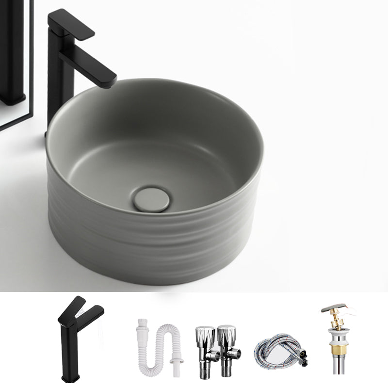 Modern Vessel Bathroom Sink Circular Porcelain with Pop-Up Drain Vessel Sink Grey Square Faucet Sink with Faucet Clearhalo 'Bathroom Remodel & Bathroom Fixtures' 'Bathroom Sinks & Faucet Components' 'Bathroom Sinks' 'bathroom_sink' 'Home Improvement' 'home_improvement' 'home_improvement_bathroom_sink' 6694837