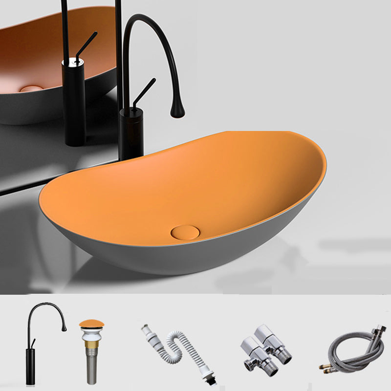 Modern Vessel Bathroom Sink Oval Porcelain with Basin and Faucet Wash Stand Gray Orange Sink with Faucet Clearhalo 'Bathroom Remodel & Bathroom Fixtures' 'Bathroom Sinks & Faucet Components' 'Bathroom Sinks' 'bathroom_sink' 'Home Improvement' 'home_improvement' 'home_improvement_bathroom_sink' 6694865