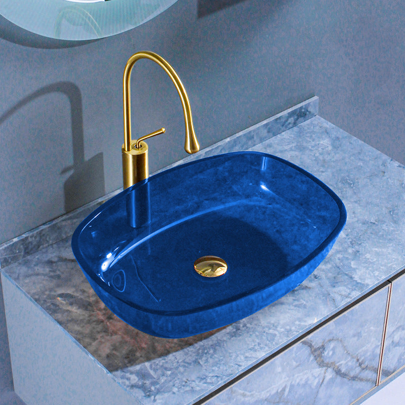 Contemporary Bathroom Sink Glass Oval-Shape Vessel Bathroom Sink with Pop-Up Drain Blue Sink with Faucet Clearhalo 'Bathroom Remodel & Bathroom Fixtures' 'Bathroom Sinks & Faucet Components' 'Bathroom Sinks' 'bathroom_sink' 'Home Improvement' 'home_improvement' 'home_improvement_bathroom_sink' 6694872