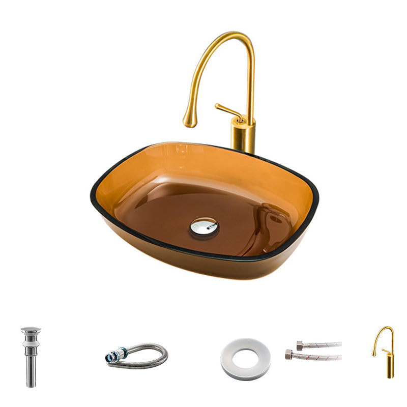 Contemporary Bathroom Sink Glass Oval-Shape Vessel Bathroom Sink with Pop-Up Drain Gold Sink with Faucet Clearhalo 'Bathroom Remodel & Bathroom Fixtures' 'Bathroom Sinks & Faucet Components' 'Bathroom Sinks' 'bathroom_sink' 'Home Improvement' 'home_improvement' 'home_improvement_bathroom_sink' 6694881