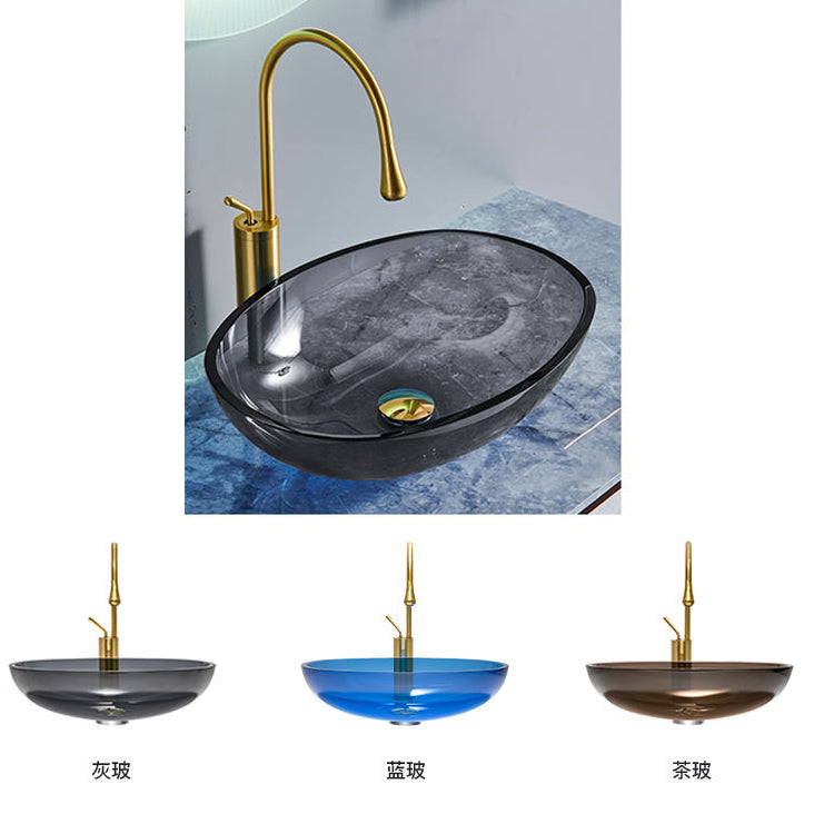 Contemporary Bathroom Sink Glass Oval-Shape Vessel Bathroom Sink with Pop-Up Drain Clearhalo 'Bathroom Remodel & Bathroom Fixtures' 'Bathroom Sinks & Faucet Components' 'Bathroom Sinks' 'bathroom_sink' 'Home Improvement' 'home_improvement' 'home_improvement_bathroom_sink' 6694886