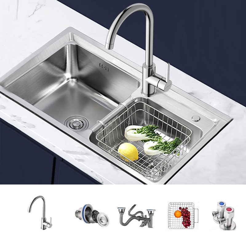 Modern Style Kitchen Sink Stainless Steel Noise-cancelling Design Drop-In Kitchen Sink Sink with Faucet Round Faucet Clearhalo 'Home Improvement' 'home_improvement' 'home_improvement_kitchen_sinks' 'Kitchen Remodel & Kitchen Fixtures' 'Kitchen Sinks & Faucet Components' 'Kitchen Sinks' 'kitchen_sinks' 6695045