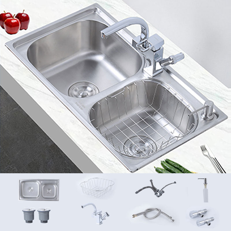 Modern Style Kitchen Sink Stainless Steel Noise-cancelling Design Kitchen Double Sink Sink with Faucet Nozzle Faucet Clearhalo 'Home Improvement' 'home_improvement' 'home_improvement_kitchen_sinks' 'Kitchen Remodel & Kitchen Fixtures' 'Kitchen Sinks & Faucet Components' 'Kitchen Sinks' 'kitchen_sinks' 6695084