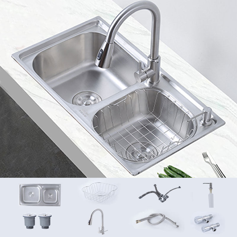 Modern Style Kitchen Sink Stainless Steel Noise-cancelling Design Kitchen Double Sink Sink with Faucet Pull Out Faucet Clearhalo 'Home Improvement' 'home_improvement' 'home_improvement_kitchen_sinks' 'Kitchen Remodel & Kitchen Fixtures' 'Kitchen Sinks & Faucet Components' 'Kitchen Sinks' 'kitchen_sinks' 6695085