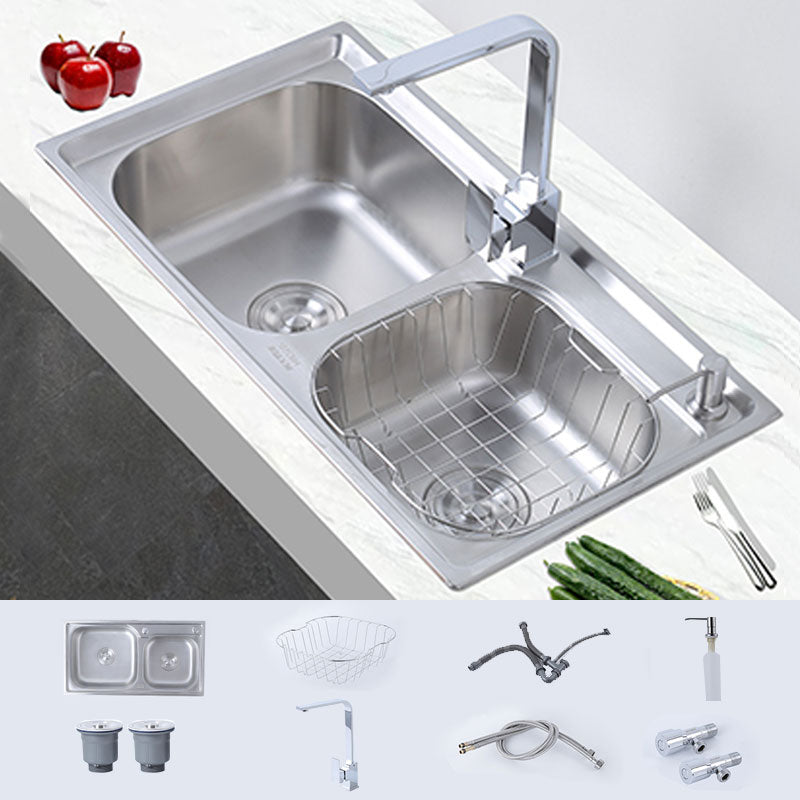 Modern Style Kitchen Sink Stainless Steel Noise-cancelling Design Kitchen Double Sink Sink with Faucet Square Faucet Clearhalo 'Home Improvement' 'home_improvement' 'home_improvement_kitchen_sinks' 'Kitchen Remodel & Kitchen Fixtures' 'Kitchen Sinks & Faucet Components' 'Kitchen Sinks' 'kitchen_sinks' 6695087