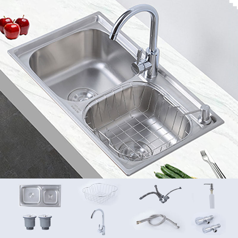 Modern Style Kitchen Sink Stainless Steel Noise-cancelling Design Kitchen Double Sink Sink with Faucet Round Faucet Clearhalo 'Home Improvement' 'home_improvement' 'home_improvement_kitchen_sinks' 'Kitchen Remodel & Kitchen Fixtures' 'Kitchen Sinks & Faucet Components' 'Kitchen Sinks' 'kitchen_sinks' 6695089