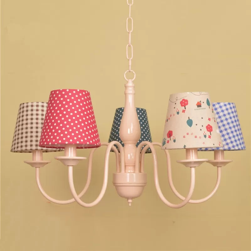Tapered Shade Nursing Room Chandelier Metallic Kids Suspension Light in Pink Finish Ivory A Clearhalo 'Ceiling Lights' 'Chandeliers' Lighting' options 66950_5a2d5b4f-bd7e-45f6-a108-f9cc215e12ae