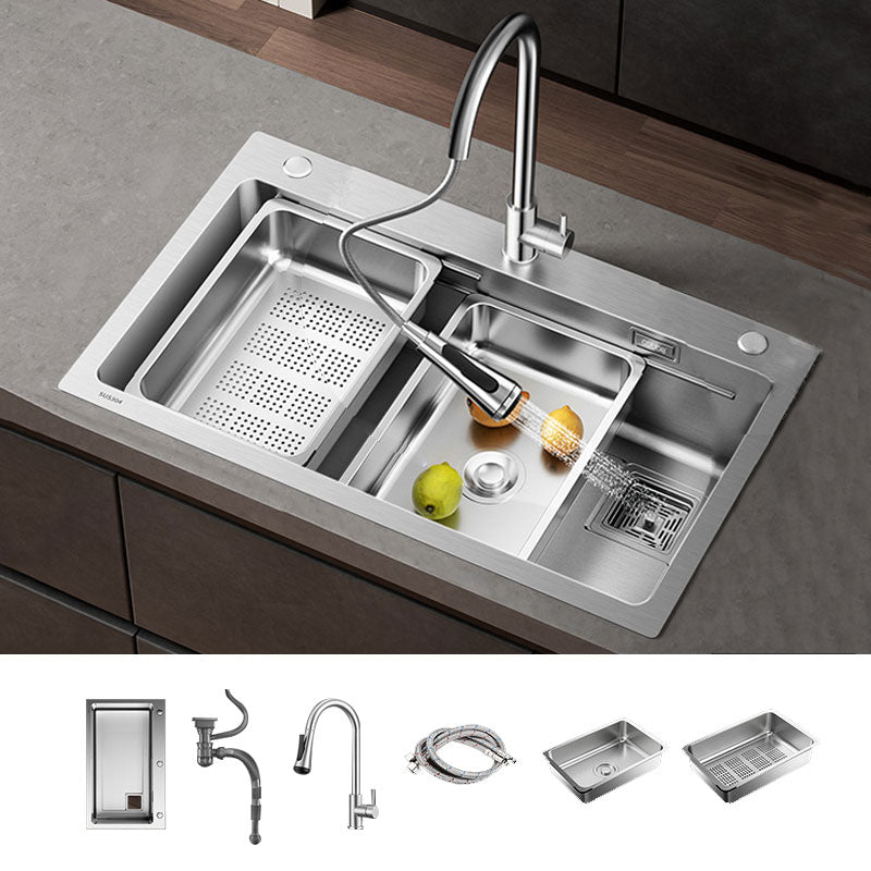 Modern Style Kitchen Sink Drop-In Stainless Steel Noise-cancelling Design Kitchen Sink Sink with Faucet Pull Out Faucet Clearhalo 'Home Improvement' 'home_improvement' 'home_improvement_kitchen_sinks' 'Kitchen Remodel & Kitchen Fixtures' 'Kitchen Sinks & Faucet Components' 'Kitchen Sinks' 'kitchen_sinks' 6695108
