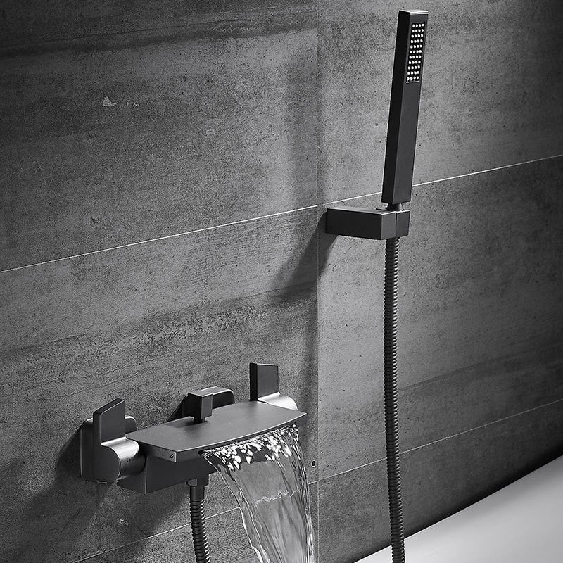 Wall Mounted Metal Tub Filler Low Arc Waterfall Tub Faucet Trim Gun Grey Hand Shower Included Risers Not Included Clearhalo 'Bathroom Remodel & Bathroom Fixtures' 'Bathtub Faucets' 'bathtub_faucets' 'Home Improvement' 'home_improvement' 'home_improvement_bathtub_faucets' 6695211