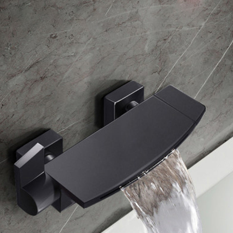 Wall Mounted Metal Tub Filler Low Arc Waterfall Tub Faucet Trim Black Hand Shower Not Included Risers Not Included Clearhalo 'Bathroom Remodel & Bathroom Fixtures' 'Bathtub Faucets' 'bathtub_faucets' 'Home Improvement' 'home_improvement' 'home_improvement_bathtub_faucets' 6695212